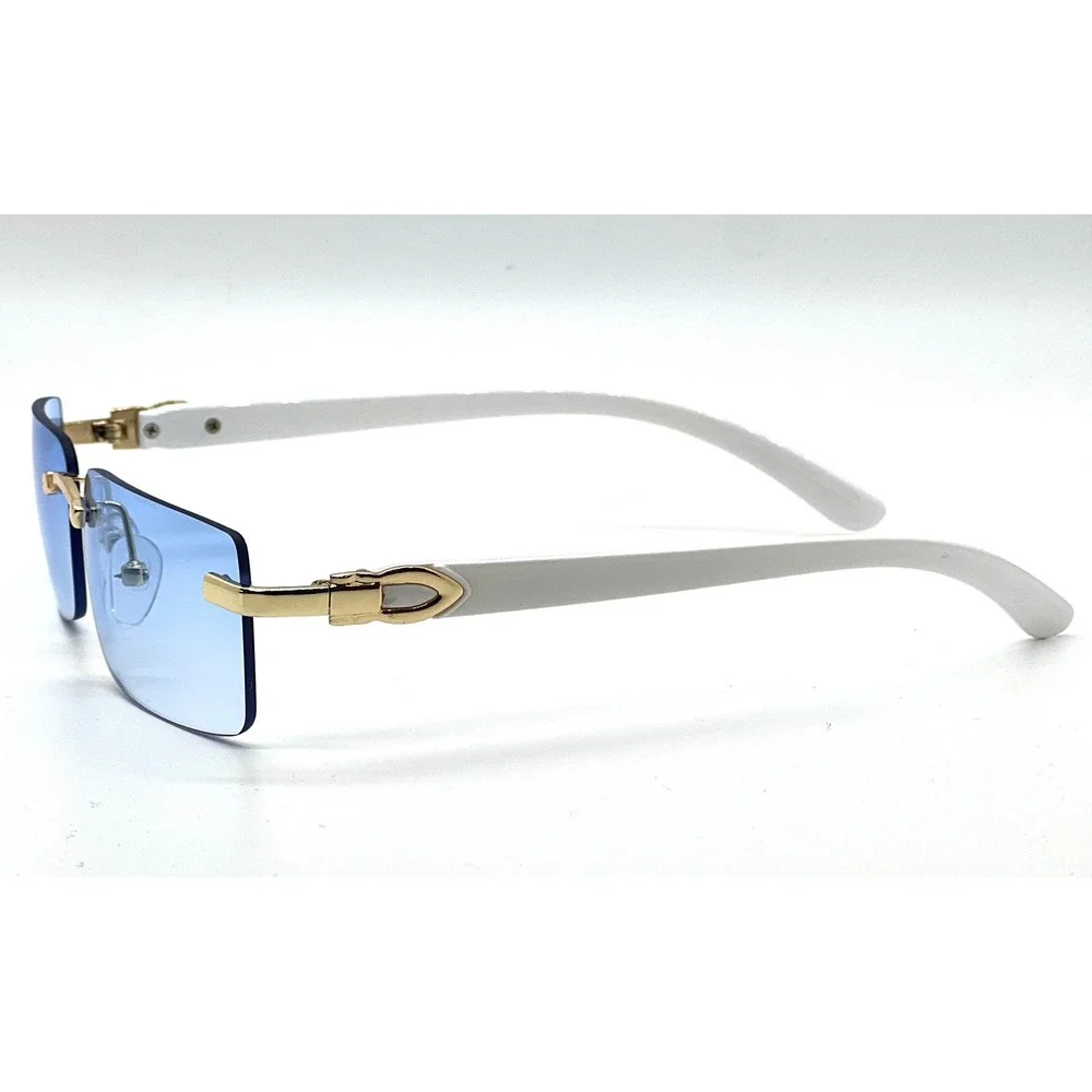 Mens Rimless Rectangle‎ Sunglasses Blue Gradient Lens Gold White C-Decor Frame